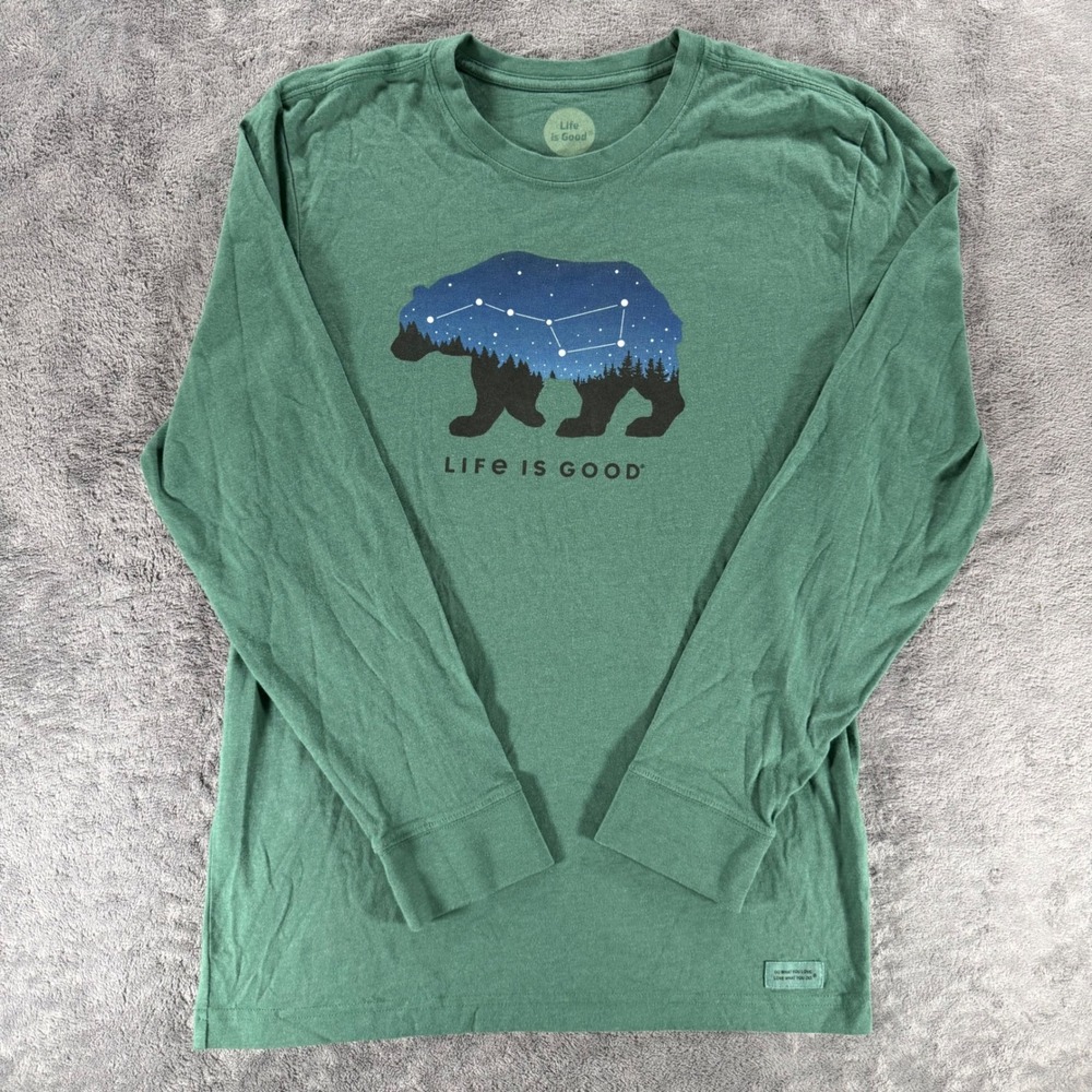 Life is Good Crusher Tee Mens Medium Green Bear Night Sky Long Sleeve Graphic T